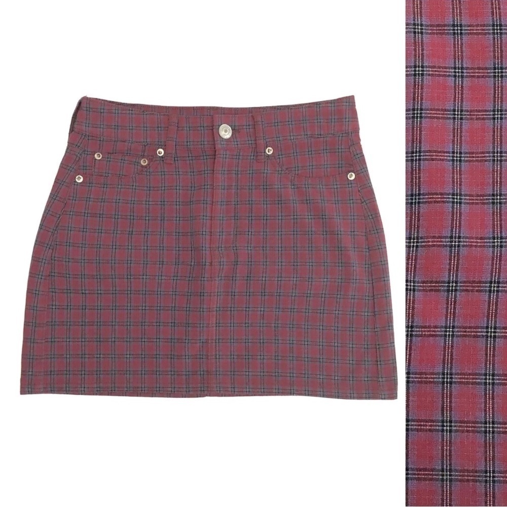 American Eagle Burgundy Plaid Hi-Rise Mini Skirt Grunge Punk Stretchy Women's 2